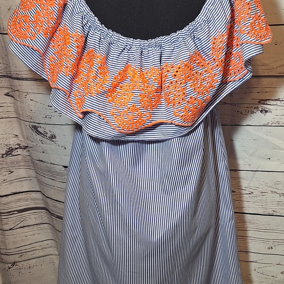 See& Be Seen Sz L Boho Off Shoulder Stripe Dress Orange Embroidered Ruffle #2057 - Picture 4 of 8